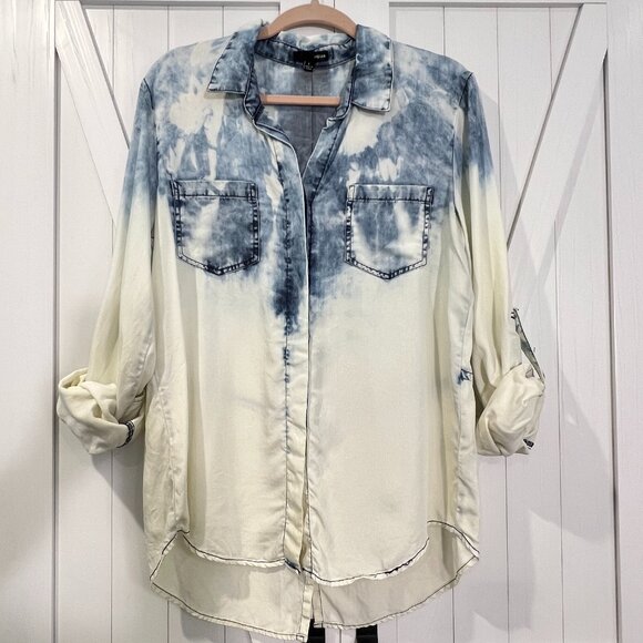 Aqua Tops - AQUA Dip Tie Dye Acid Wash Blue White Button Up Large Western Cowgirl Boho Denim